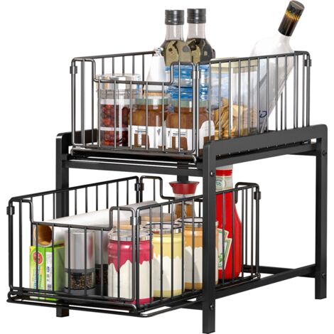 Organizer portaoggetti sottolavello in metallo a 2 livelli con cassetto scorrevole, contenitore da cucina, per cucina, ufficio, bagno, 26x37x38,5 cm, nero (1/5)