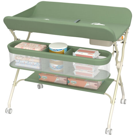 Fasciatoio pieghevole con cestino portaoggetti, fasciatoio con 4 ruote, altezza regolabile, 75x68x83-91 cm, verde