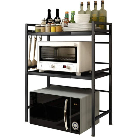 Estensibile Mensola Microonde Cucina, griglia per forno a microonde a 3 livelli, mensola da cucina con 6 ganci, in piedi per piano di lavoro, 40/6436.578cm