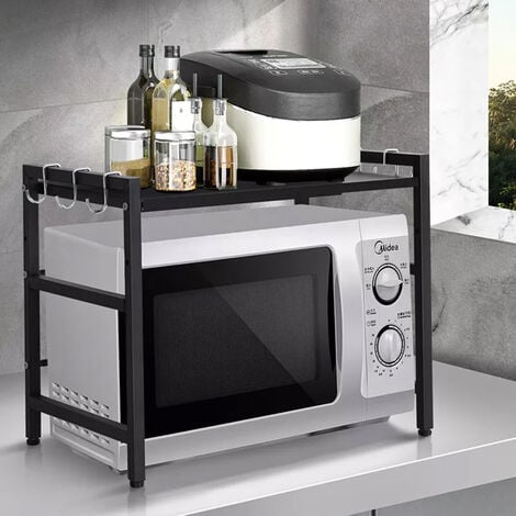 Mensola Microonde Allungabile Forno a Supporto,Scaffale per Forno a Microonde Cucina della Griglia del Forno Salvaspazio-con 6 ganci-40/644536,5 cm (nero)