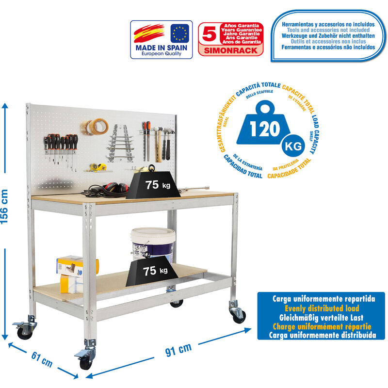 Simonrack Simonwork Panel perforado (Ancho: 40 cm, Altura: 150 cm, Blanco)