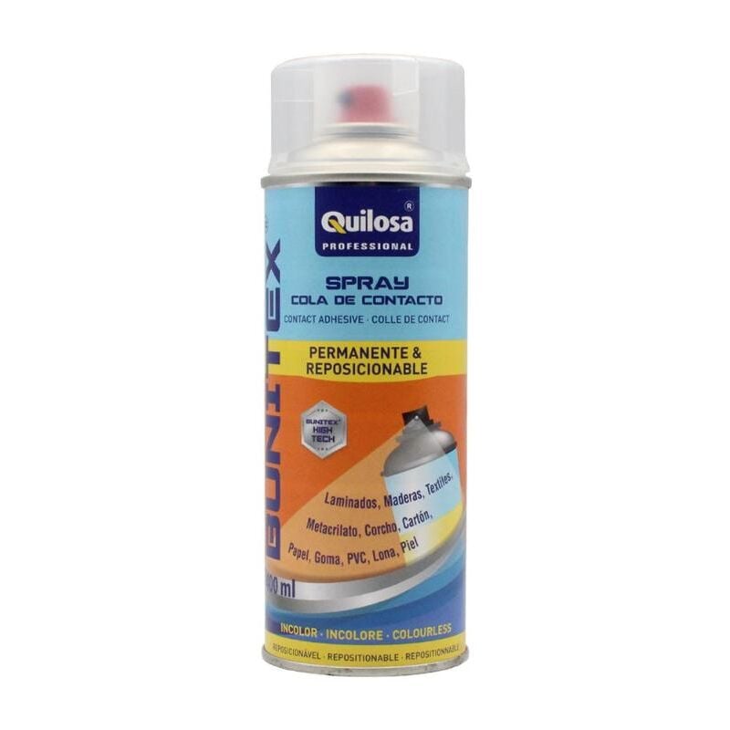 QUILOSA bunitex spray 0.4l transparente , Bunitex spray transparente 400 ml Quilosa Adhesivo de alta calidad para la adhesión tanto permanente como temporal Se adhiere a gr