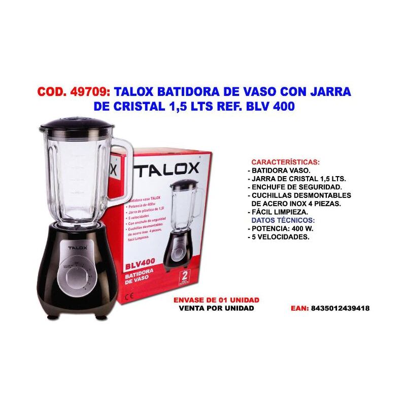 MIBRICOTIENDA talox batidora de vaso con jarra de cristal 1,5 lts ref. blv 400