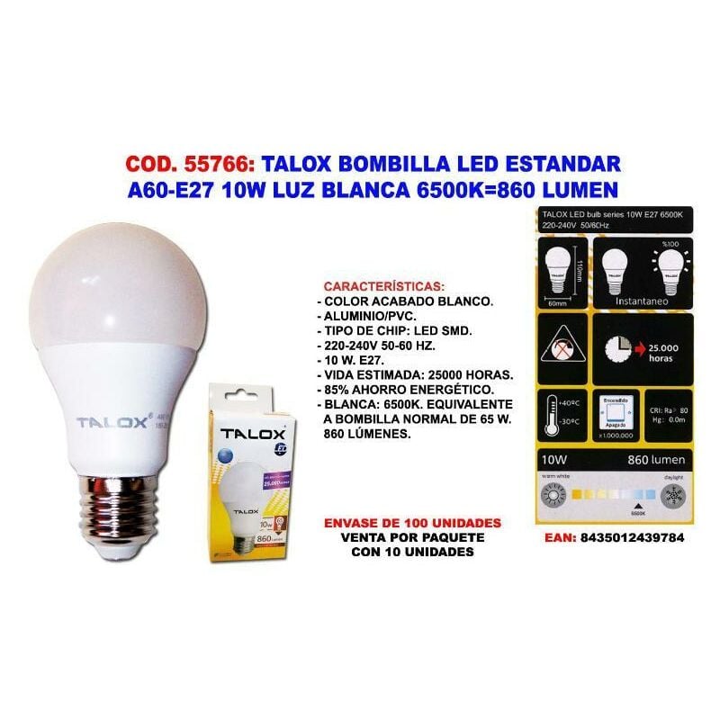 MIBRICOTIENDA talox bombilla led estandar a60-e27 10w l.blanca 6500k 860 lumen (caja 10 unidades)