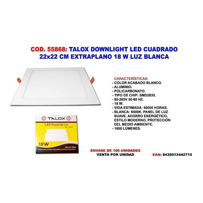 MIBRICOTIENDA talox downlight led cuadrado 22 x 22 extraplano 18 w luz blanca