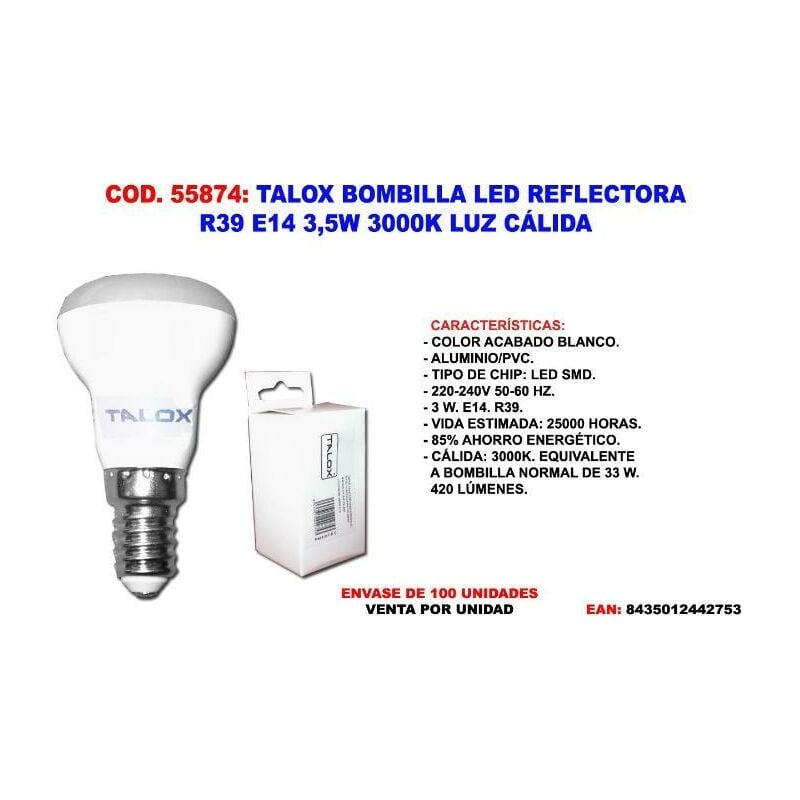 MIBRICOTIENDA talox bombilla led reflectora r39 e14 3,5w 3000k luz calida