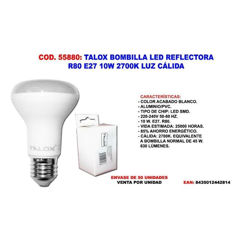 MIBRICOTIENDA talox bombilla led reflectora r80 e27 10w 2700k luz calida