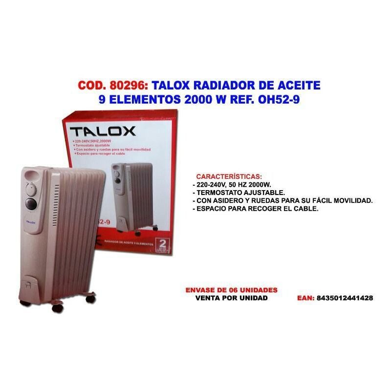 MIBRICOTIENDA talox radiador de aceite 9 elementos 2000 w 63 cm oh52-9