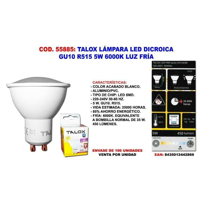 MIBRICOTIENDA talox lampara led dicroica gu10r515 5 w 6000k luz fria