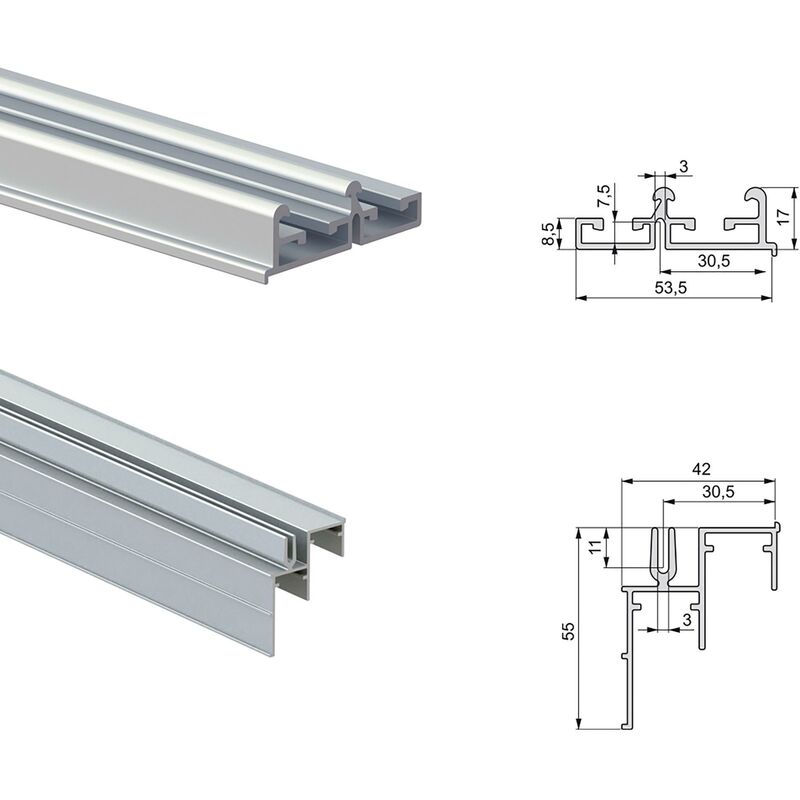 Emuca Kit de herrajes para armario 2 puertas correderas y cierre suave Flow  con carriles encastrados 2.35m, tableros no incluidos, Anodizado mate