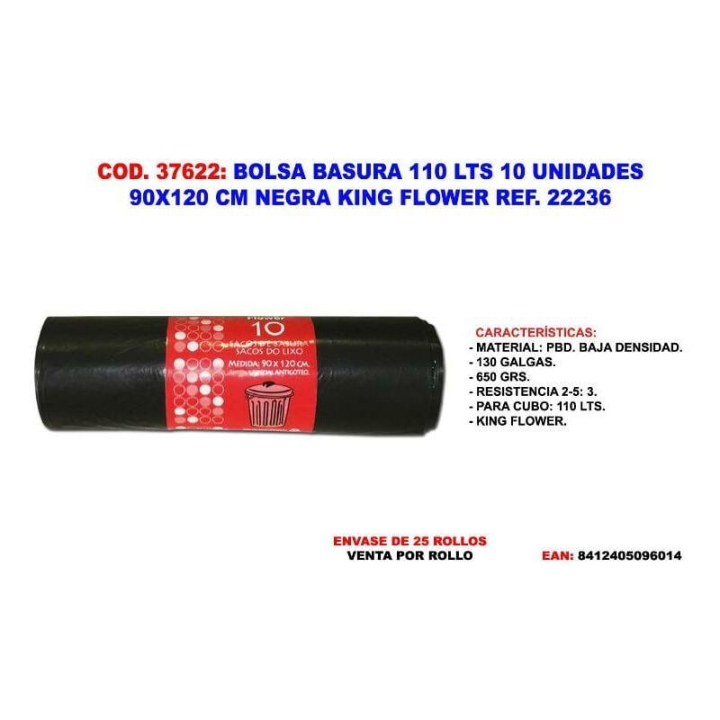 BOLSAS BASURA NEGRAS LDPE 100% RECICLADO 85 X 105 CM 110 LITROS GALGA 300