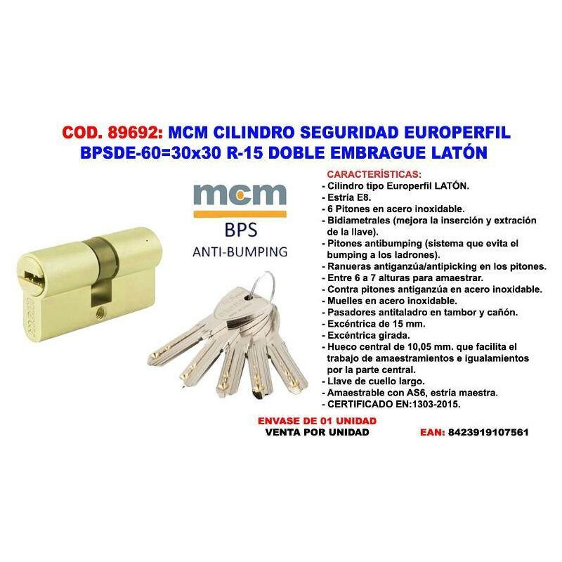 MIBRICOTIENDA mcm cilindro segur europ d. embrague bpsde-60 30x30 r-15 laton