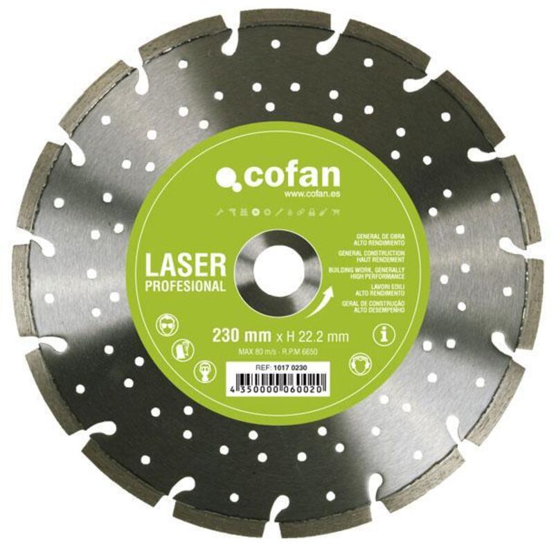 COFAN disco laser profes. larga vida 115mm. , Discos de diamante refrigerado y segmentado Larga vida útil profesional, larga duración. Uso universal. Excelente corte en seco o húme