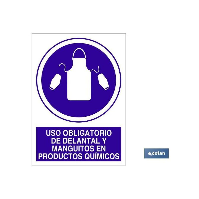 PLIMPO señal adhesiva 148x105mm uso obligatorio de delantal y manguitos en productos químicos