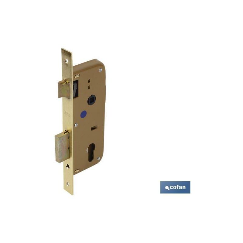 COFAN cerradura embutir+cerradero d85 e40- latón (p/madera) , Cerradura embutir (Puertas Madera) Caja y tapa en acero pintada. Frente y cerradero en hierro latonado. Picaporte plan