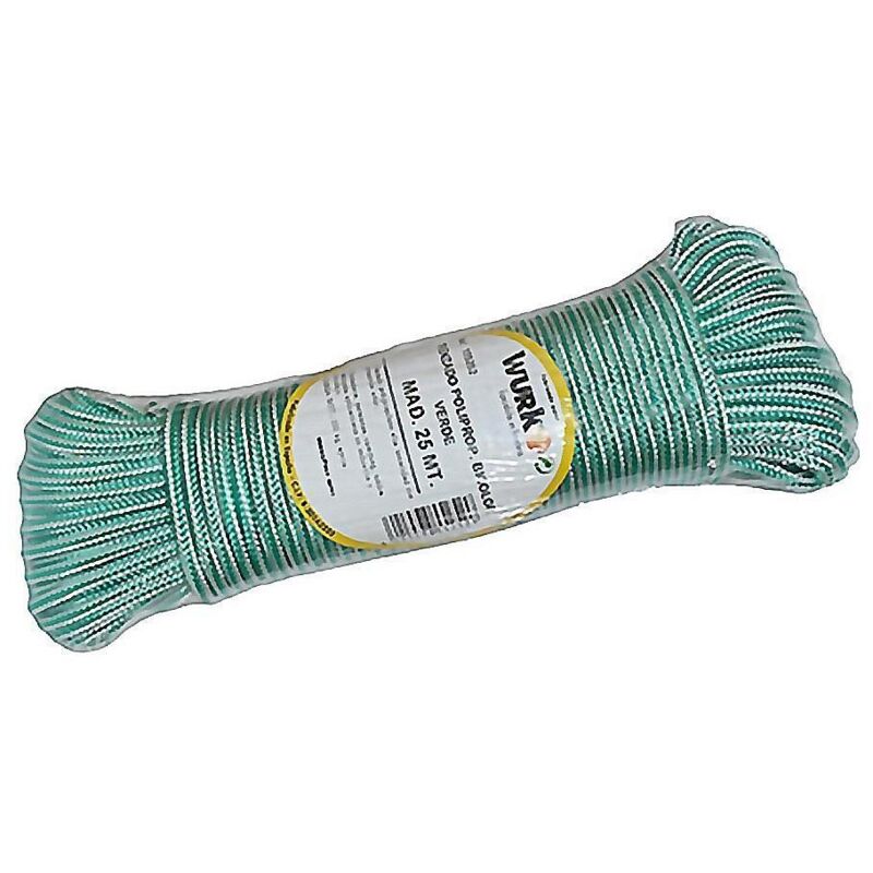 WURKO cuerda trenzada polipropileno verde rollo 25m , Cuerda trenzada polipropileno bicolor 5mmBobina de 25 metrosColor verde/blancoIndicado para tendederos,camping,naú