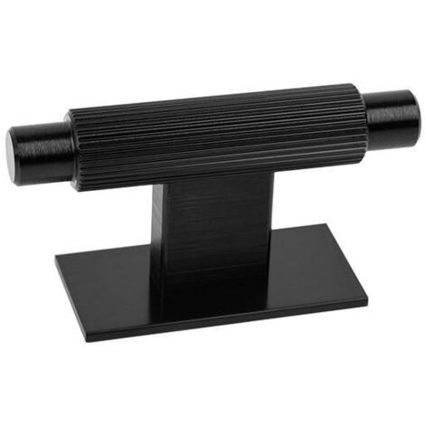 pomo aluminio modelo arpa plate con placa acabados disponibles efecto inox, negro cepillado y laton cepillado acabado negro cepillad dist. agujero 70x25