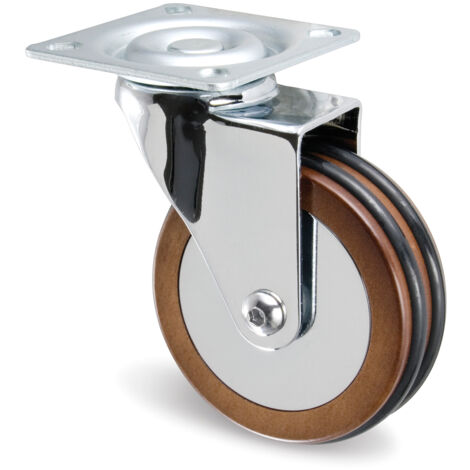 Rueda giratoria de 75mm con freno – Aro de madera nogal – Soporte de chapa de acero – Carga máxima 40kg – Para muebles de interior – Ruedas Alex (1/4)