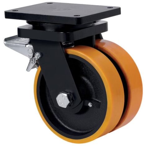 rueda giratora placa freno 10hlgfd200-hub hierro-poliur.naranja(doble) bolas (1/2)