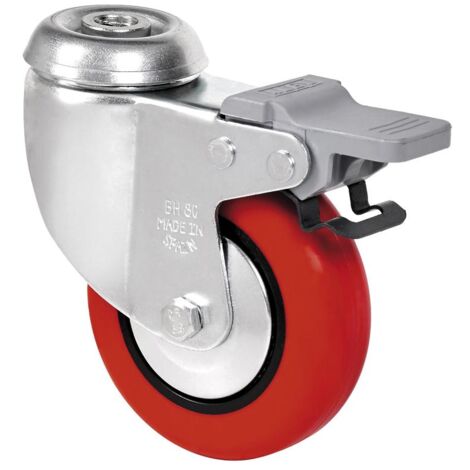Rueda pivotante industrial de poliuretano con freno 80 mm  Rojo (1/5)