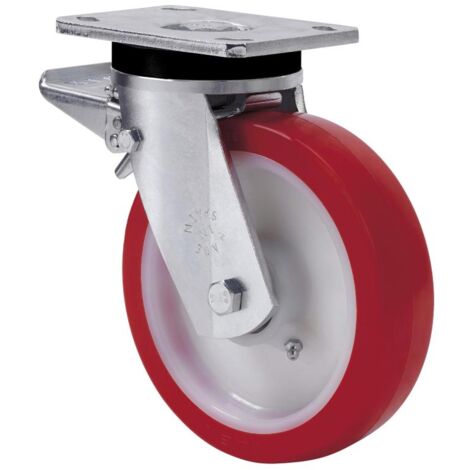 rueda giratora placa freno 10slrfd150-po nylon blanco-poliur.rojo eje liso (1/3)