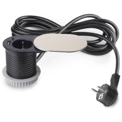 emuca multiconector con tapa deslizante vertikal flat 60, diámetro 60mm, 1 enchufe tipo schuko, 1 usb tipo a, 1 usb tipo c, acero y plástico, acero inoxidable (1/5)