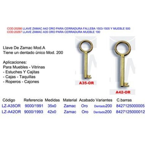 Llave Zamac A42 Oro para Cerradura Falleba 1503 1505 Mueble 500