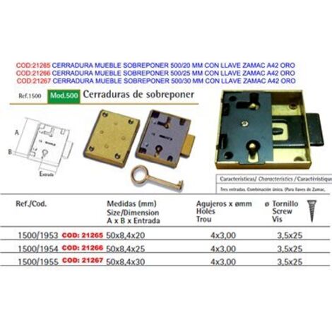 FPLUS cerradura mueble sobreponer 500-30 mm+llave zamac a42 oro (1/8)