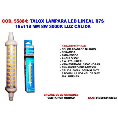 talox lampara led r7s 18 x 118 mm lineal  8w 3000k luz calida