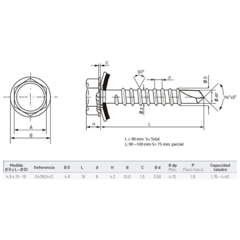 DAMESA tornillo broca c/arandela 4.8x19-16 din7504 c/500 , Tornillo autotaladrante con arandela 4,8x19/19 DIN 7504 Damesa. Tornillo autotaladrante fabricado en acero cementado
