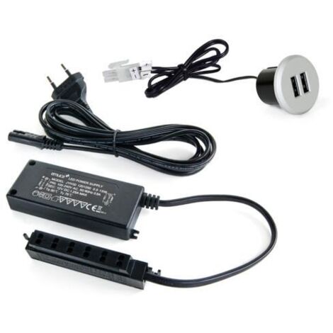 emuca kit de conector usb para carga plugy, incluye convertidor y 2 usb tipo a, para encastrar en el mueble en diámetro 25mm, plástico, gris metalizado (1/5)