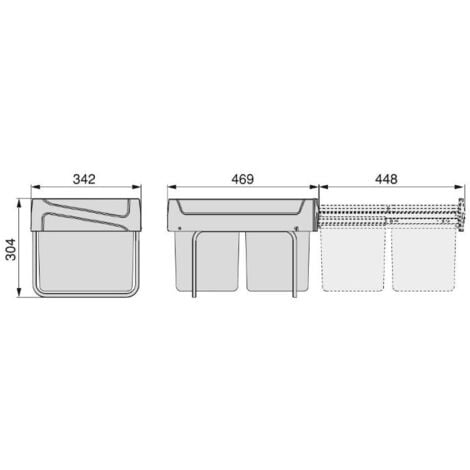 emuca contenedor de reciclaje para fijación inferior y extracción manual en mueble de cocina 2x15litros, plástico gris antracita