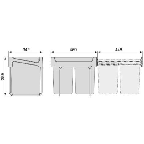 emuca contenedor de reciclaje para fijación inferior y extracción manual en mueble de cocina recycle 2x20litros, plástico gris antracita
