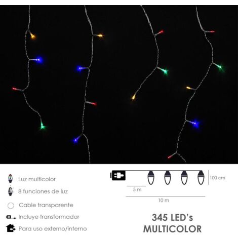 guirnalda luces navidad cortina 10x1 metros 345 leds multicolor. luz navidad interiores y exteriores ip44. cable transparente