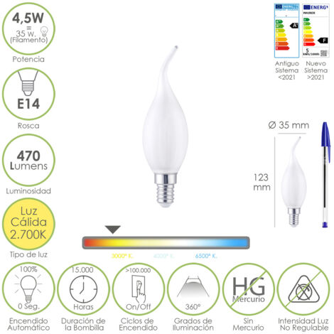 bombilla led filamento vela llama esmerilada e14. 4,5 watt. equivale a 35 watt. 470 lumenes. luz calida 2700º k.