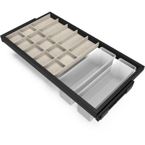 emuca kit de cajón organizador, bandeja auxiliar y bastidor de guías con cierre suave para armarios, regulable, módulo 900mm, negro texturizado