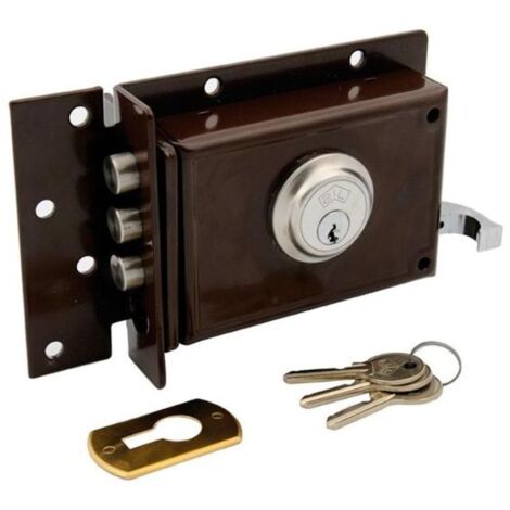 Cerradura sobreponer 143x60mm – Picaporte con 3 bulones – Cilindro fijo de 51mm – Acabado marrón antipalanca – JIS (1/8)