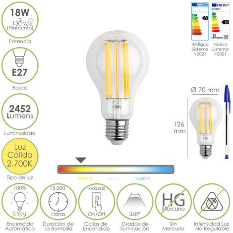 bombilla led filamento standar rosca e27. 18 watt. equivale a 130 watt. 2462 lumenes. luz calida 2.700 º k.