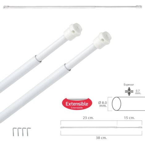 MAURER - Barra Visillo Extensible 23/38 cm. con Muelle Presion, Soportes y Ventosas (2 Piezas)
