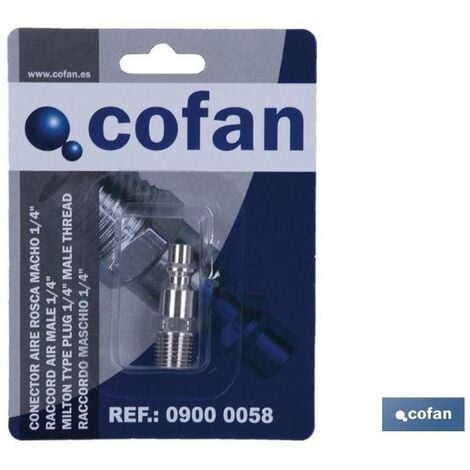 COFAN conector aire rosca macho 1/4 , Conector con rosca macho de 1/4, 3/8 y 1/2. Compacto y ligero para todas las instalaciones que funcionan con aire comprimido. Roscas invertida
