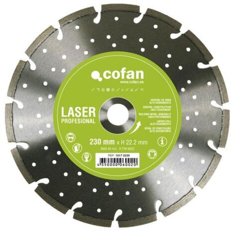 COFAN disco laser profes. larga vida 115mm. , Discos de diamante refrigerado y segmentado Larga vida útil profesional, larga duración. Uso universal. Excelente corte en seco o húme
