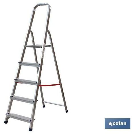 COFAN escalera aluminio 5 peldaños y 1,13 m altura útil , Escalera Doméstica de 2 a 8 peldaños, con ancho de peldaño de 80 milímetros. Norma EN 131 para 150 kilos. Cada peldaño cue