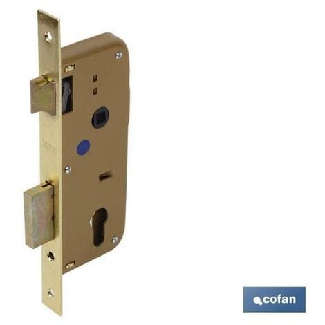 COFAN cerradura embutir+cerradero d85 e40- latón (p/madera) , Cerradura embutir (Puertas Madera) Caja y tapa en acero pintada. Frente y cerradero en hierro latonado. Picaporte plan
