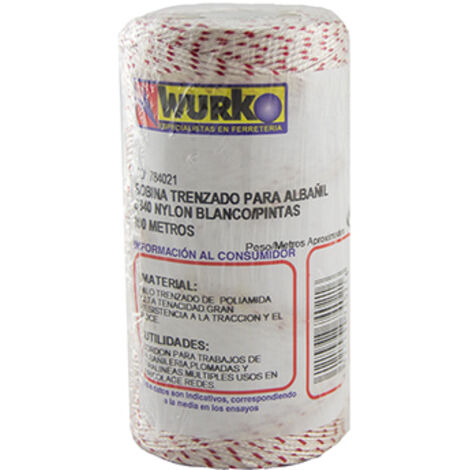 WURKO cuerda linea nylon blanco/rojo 100mt rollo , Cordón trenzado nylon fino AlbañilBobina de 100 metrosColor Blanco y RojoIndicado para albañileria,agricultura,paquet (1/2)