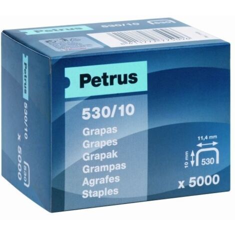 PETRUS grapas 530/10 caja 5000 ud. , Grapas 560/10 caja de 5000 fabricadas con alambre cobreado de gran calidad. Recomendadas para grapadoras Petrus 1530.
- Caja de 5000.
- 10mm. (1/4)