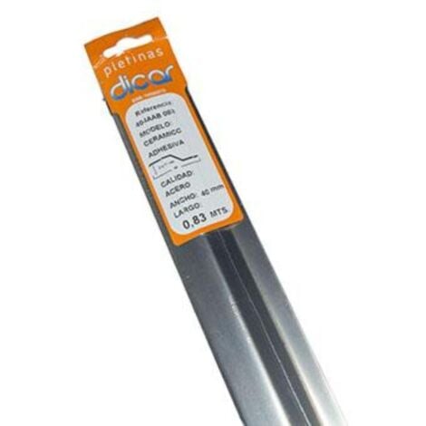 DICAR pletina ceramic inox 4,0x83cm adhesiva , Pletina para juntas de suelo. Modelo cerámico. - Medidas 40 x 830 mm. - Color acero inox. - Cerámico. Adhesiva. - Para la unión de di