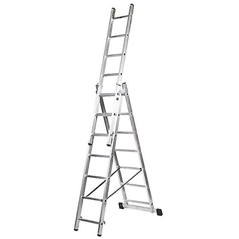 KORMAX escalera aluminio industrial triple 9 p. , Escalera de aluminio industrial doble 309A9 peldaños x 3 tramosAltura extendida 5,92 mtAltura en tijera 2.42mtAltu