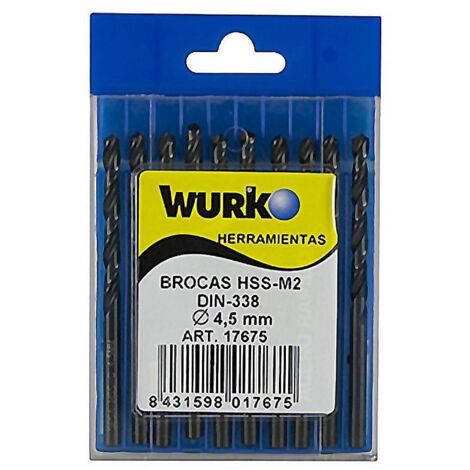 WURKO brocas acero hss 4,5 mm afiladas caja 10 , Set de 10 brocas de acero HSS para metalGrosor de 4,5mmDIN 338NMango cilindrico. (1/2)