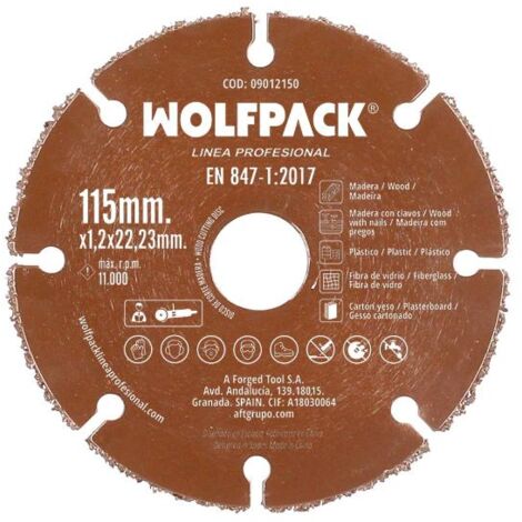 WOLFPACK LINEA PROFESIONAL Disco Corte Madera/Plastico Ø 115 mm. Filo De Carburo De Tungsteno