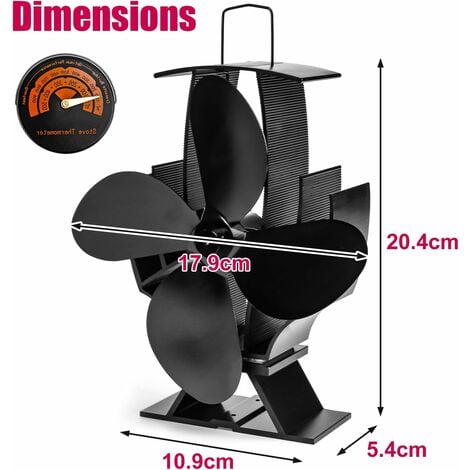 GFTIME Ventilateur de poêle 4 lames avec thermomètre, Ventilateur de cheminée pour poêle à bois, Ventilateur de poêle à bois alimentées par la chaleur, Ventilateur alimenté Sans électricité